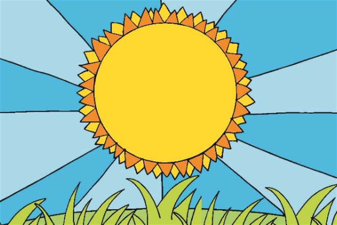 Bright graphic of yellow sun, blue sky and green grass.
