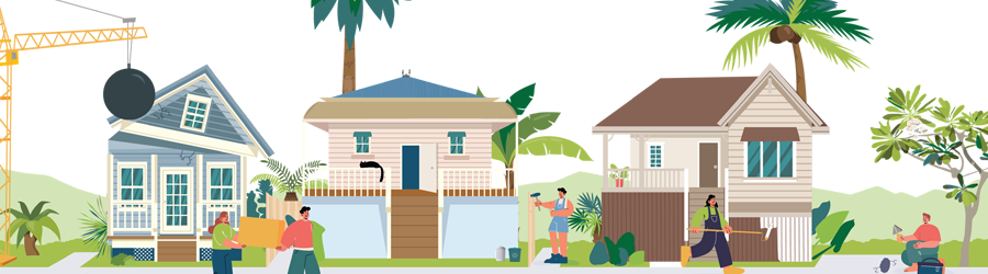 Graphic image of people rebuiling their house taken from the Buildback guide 