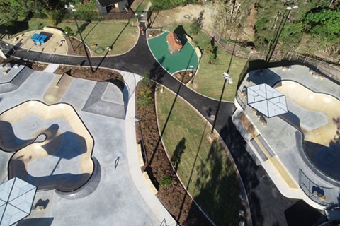 Aerial view of beginner and intermediate skate bowls at the new Byron Bay Skate Park