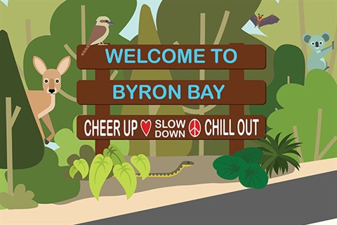 Drawing of welcome to Byron Bay sign 