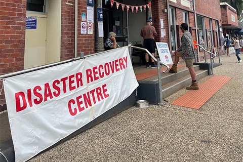 Photo of sign saying Disaster Recovery Centre at front of Mullumbimby Civic Hall
