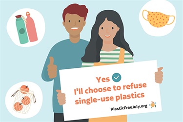 Cartoon image of two people making decision about using plastic items.