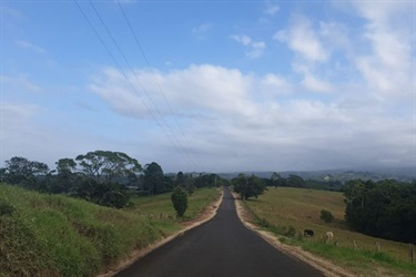 Newly asphalted Whian Road stretching into distance