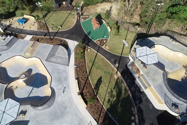 Aerial view of the beginner and intermediate bowls at the Byron Skate Park