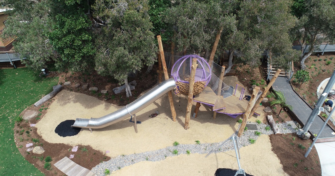 Aerial view of the playground at Railway Park Byron Bay
