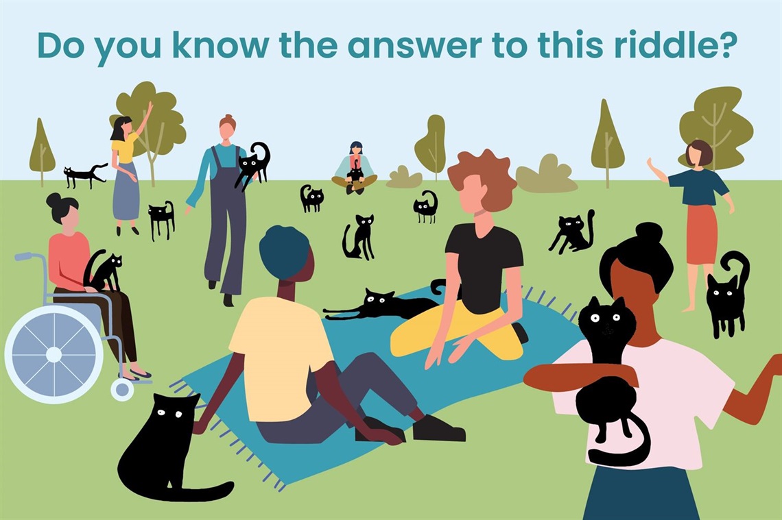 Illustration featuring many black cats in different poses alongside different people, sitting on a picnic rug, playing in a field.