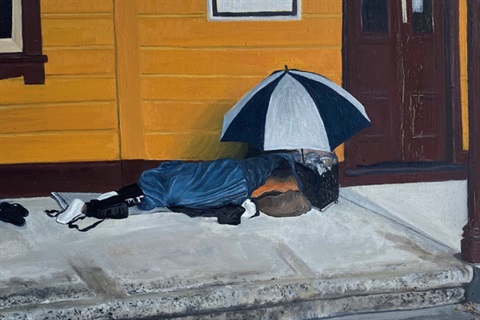 Artwork showing a person sheltering under an umbrella on the Railway Platform, Caitlin Riley Streets of our town exhibition