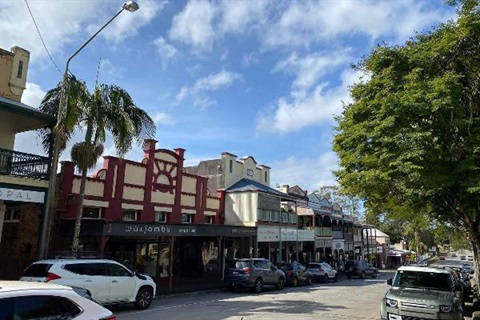 The main street in Bangalow. A view across the road to some parallel parked cars in front of heritage style village shopfronts. A blue sky with some clouds above and a bright green healthy tree on the right.