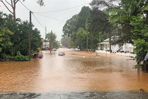 Brown water flooding cars and yards of old homes 