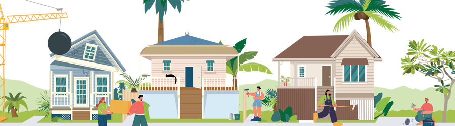 Illustration of people rebuiling their house 