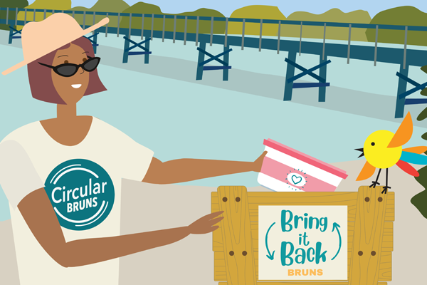 Bring it back Bruns promotional graphic with a person putting litter into the bin with the Bruns Bridge in the background. 