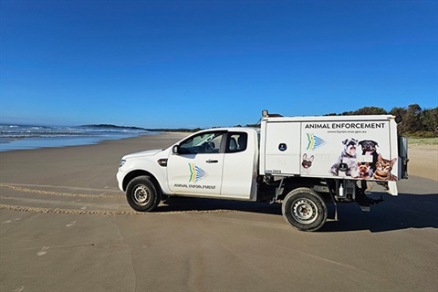 White ute with Animal Enforcement and images of two dogs on the side parked on sandy beach with ocean in background 