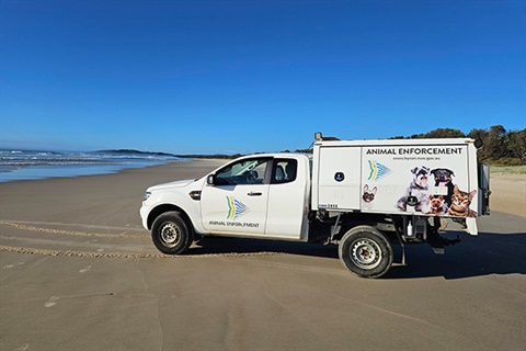 White ute with Animal Enforcement and images of two dogs on the side parked on sandy beach with ocean in background
