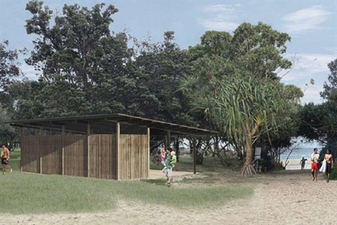 artist design of timber slatted low profile shed with trees and beach in background