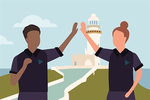 Cartoon image of two people waving in front of lighthouse