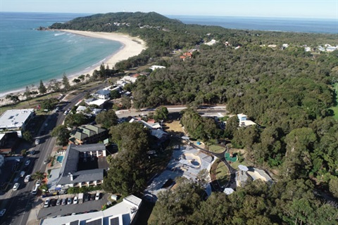 Aerial view of the Byron Skate Park with Cape-Byron-and-the-Lighthouse in the background