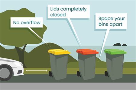 Illustration of three wheelie bins correctly closed and positioned away from parked cars.