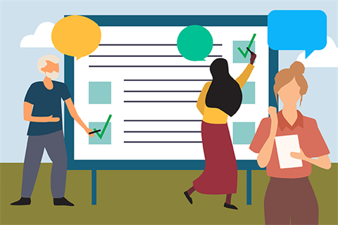 Illustration of people voting and providing feedback on a giant white board 