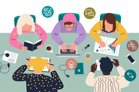Illustration of young people sitting around a desk workshopping