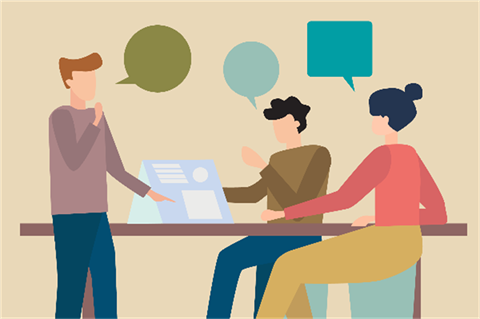 Graphic image of people debating and workshopping an idea 